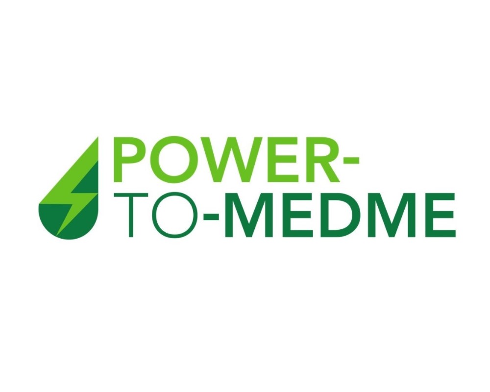 Power-to-MEDME Logo. Green tunderbolt and project title.